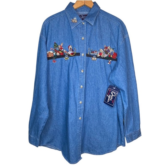 Vintage 90’s Quizz Blue Embroidered Christmas Holiday Button Down Shirt - Picture 1 of 7